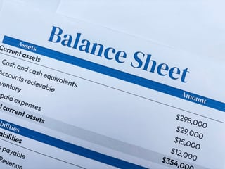 Balance sheet of a business concept showing on the paper top view backdrop